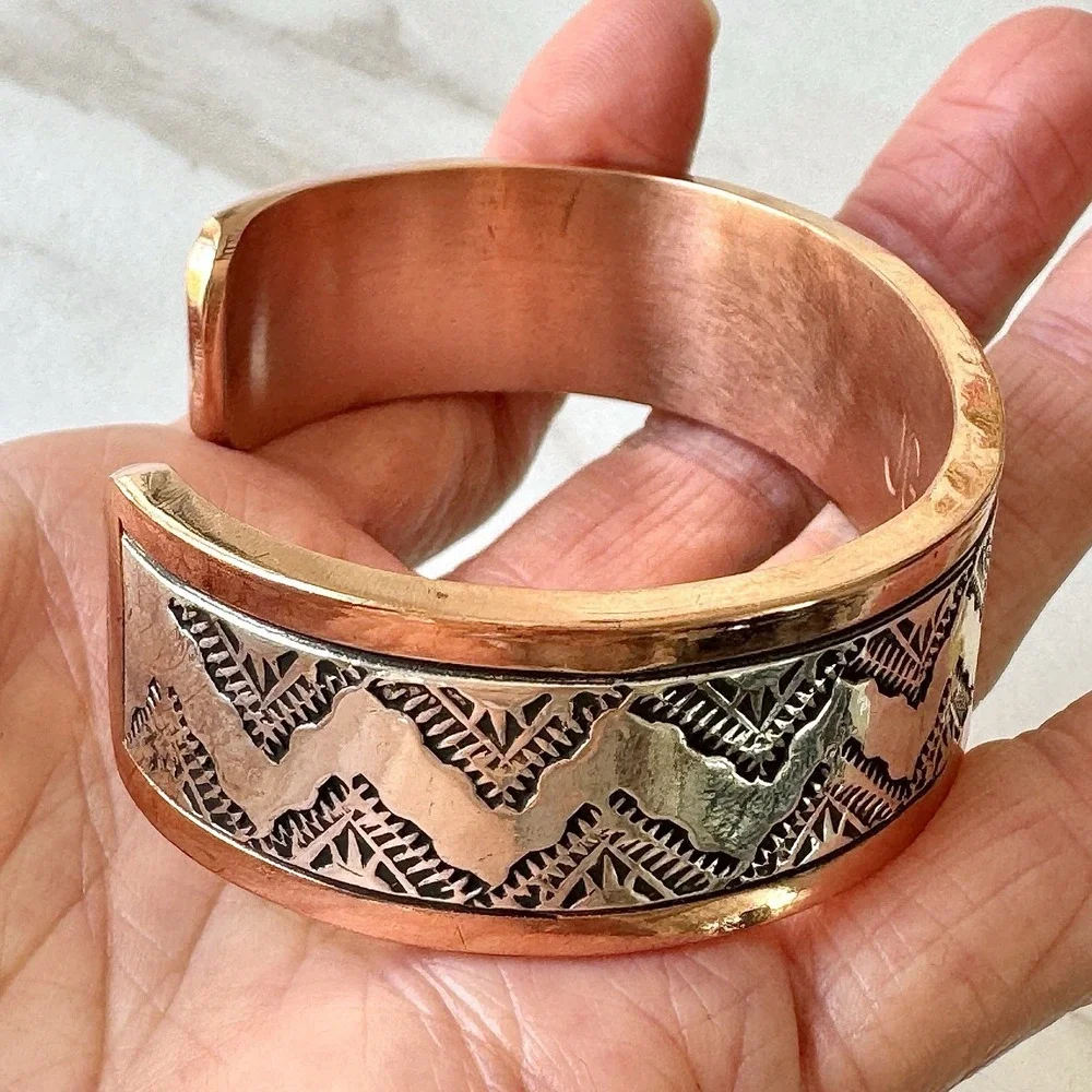 Mens Navajo Sterling Copper Cuff Bracelet 7.5in Signed Heavy 90g Native American